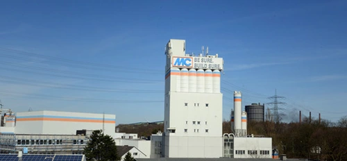 View of the MC's powder tower in Bottrop at evening twilight from the motorway A42 in the south. <br>&copy; MC-Bauchemie 2026