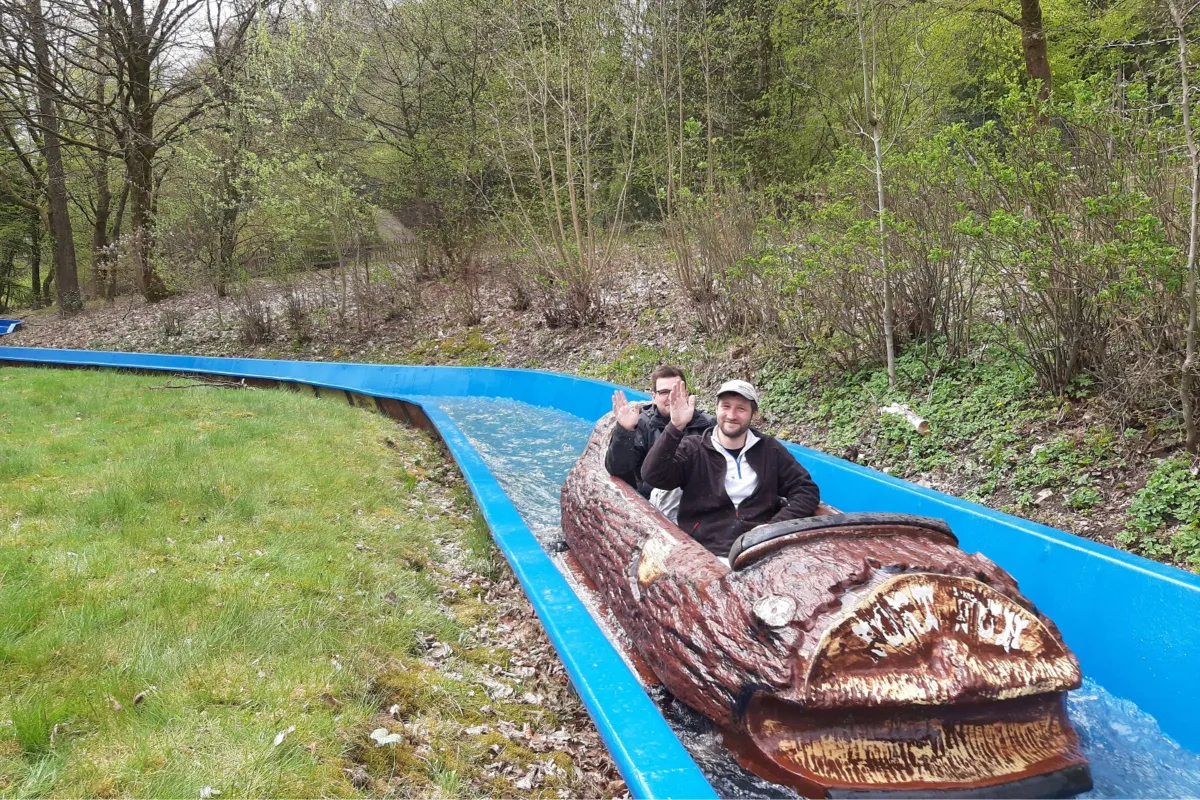 First ride down the white-water flume after successful repairs